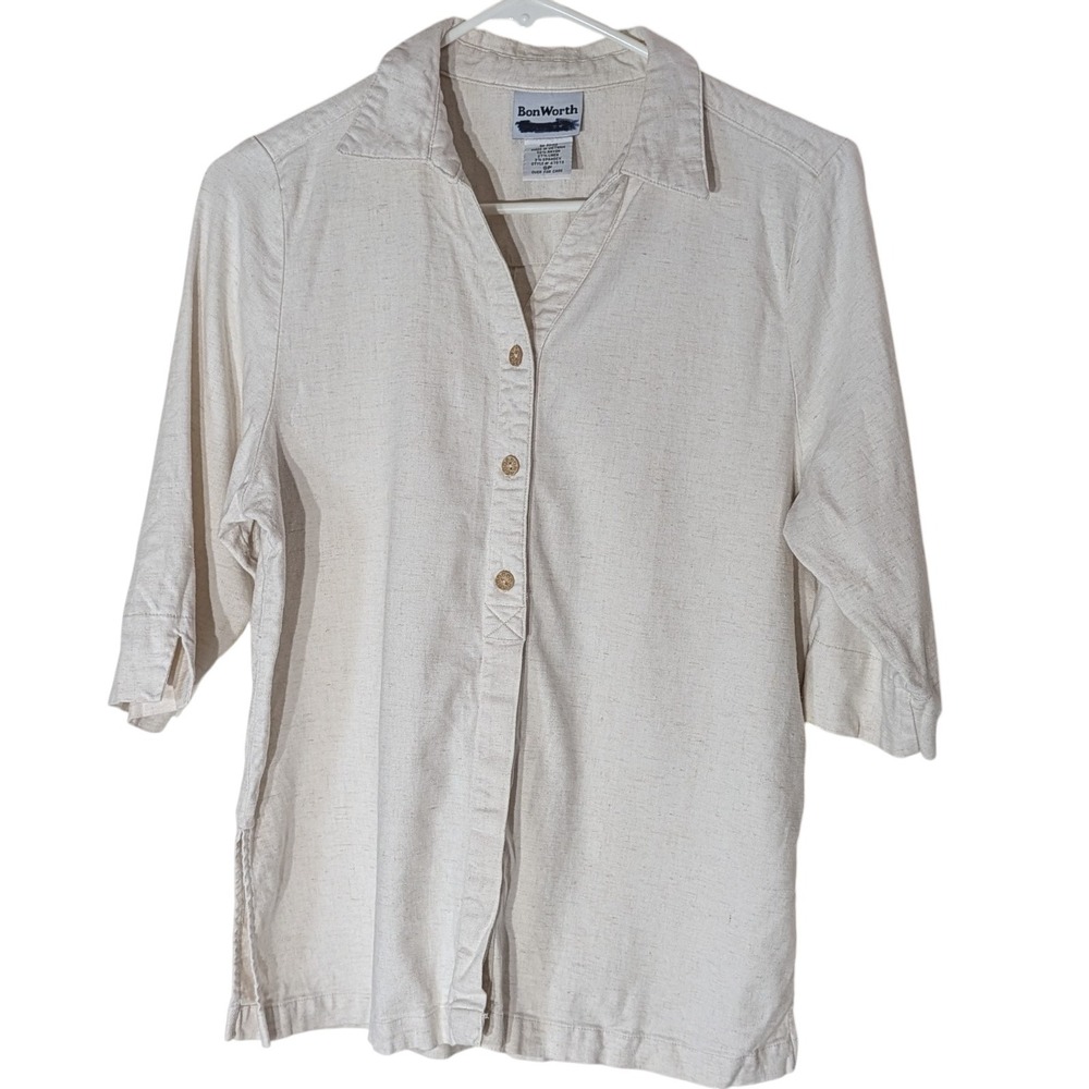 Bon Worth Shirt Rayon Linen Button Up Beige Stretch Womens Petite Small SEE